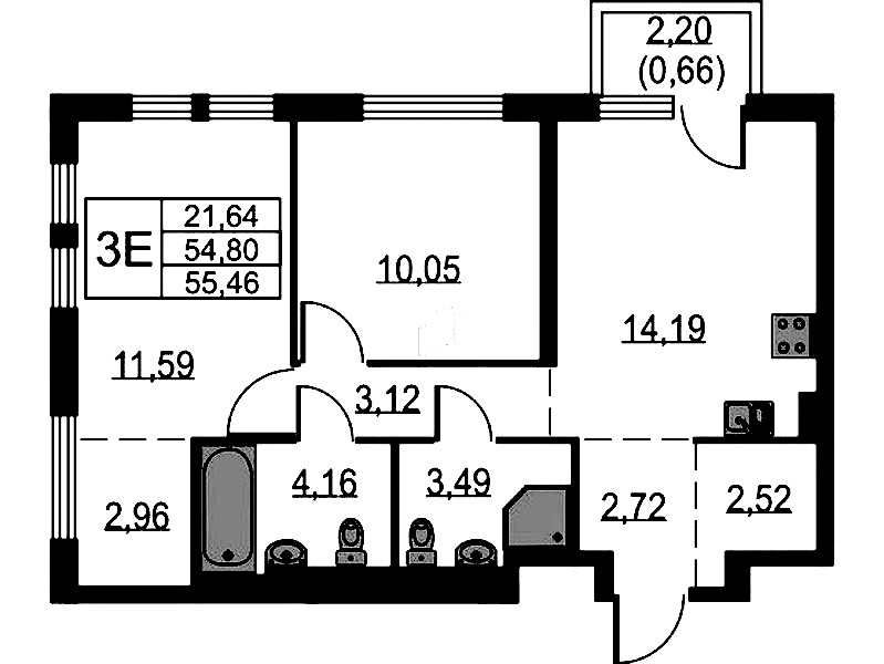 2-комнатная квартира 54.8 м², 8/15 эт., ЖК «Невская Долина»